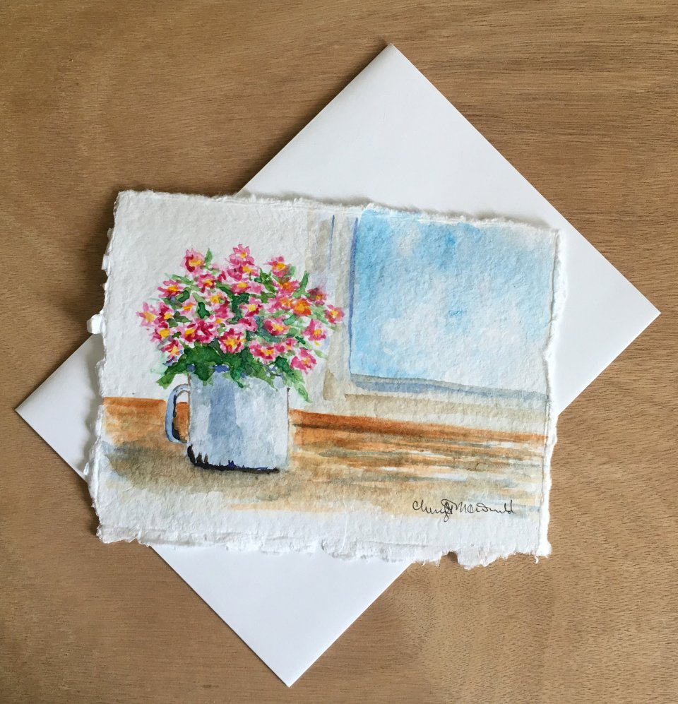 A Cup Full of Daisies sitting on a window sill. A nice thank you card or Mother's day card. Hand-painted watercolor card approx. 4.5"x6".